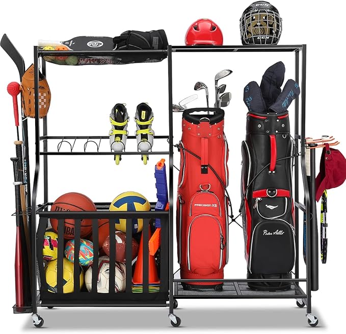 Garage Sports Equipment Organizer with Wheels - Golf Bag Storage Rack and Ball Storage Bins, Heavy Duty Rolling Garage Organizer System with Basket and Hooks for Indoor/Outdoor Sports Gear
