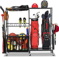 Garage Sports Equipment Organizer with Wheels - Golf Bag Storage Rack and Ball Storage Bins, Heavy Duty Rolling Garage Organizer System with Basket and Hooks for Indoor/Outdoor Sports Gear