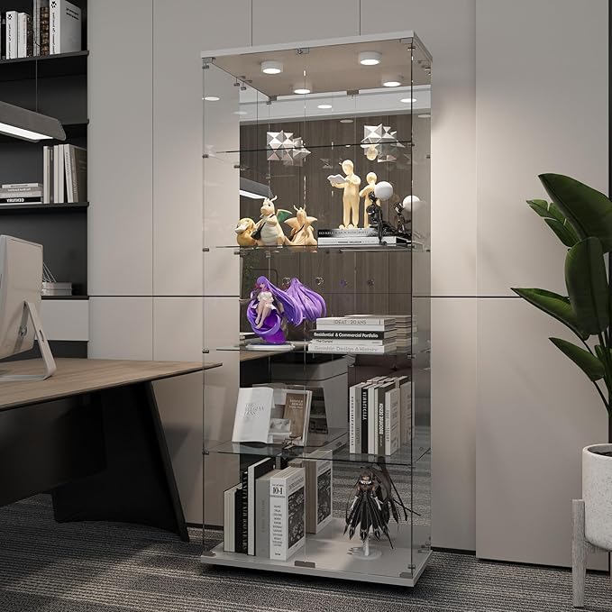 Beauty4U Glass Display Cabinet with LED Lights and Mirror, 5 Shelves with 2 Doors, Curio Cabinets for Living Room, Bedroom, Office, White Floor Standing Glass Bookshelf, Quick Installation