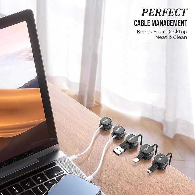 12 Pack Spring Cable Clips, Black Cord Organizer with Adhesive, Charging Cord Clips for Phone, Laptop, Nightstand & Desk, Cable Management for Office & Home Use