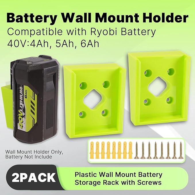 Wall Mount Holder Compatible with Ryobi Battery 40V：4Ah, 5Ah, 6Ah, 2 Pack Plastic Wall Mount Battery Storage Rack with Screws