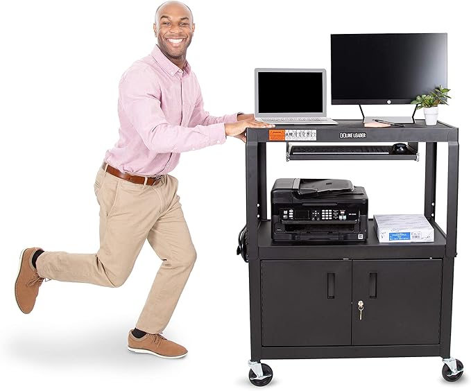 Line Leader Large AV Cart with Locking Cabinet | Height Adjustable Utility Cart with Pullout Keyboard Tray & Cord Management | UL Safety-Certified Computer Cart | Easy Assembly (32 x 18 x 42in)