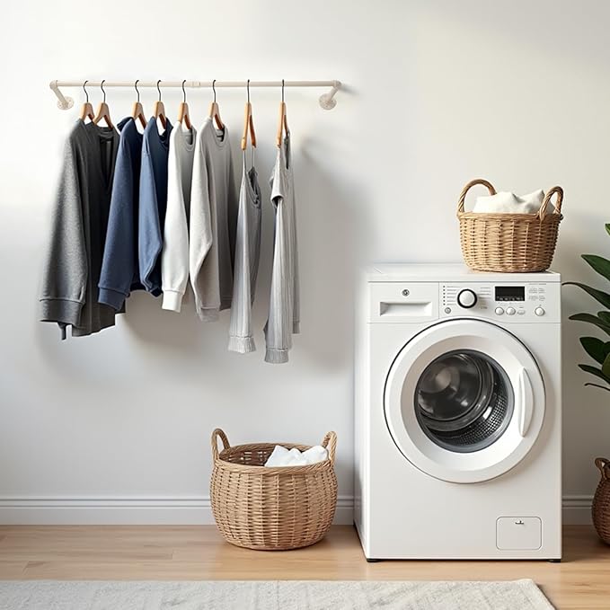 54" White Wall Mounted Clothes Rack, Industrial Pipe Iron Garment Bar, Heavy-Duty Detachable Clothing Rod, Multi-Purpose Metal Wall Display Hanging Pole for Closet Storage, Laundry Room 2 Base