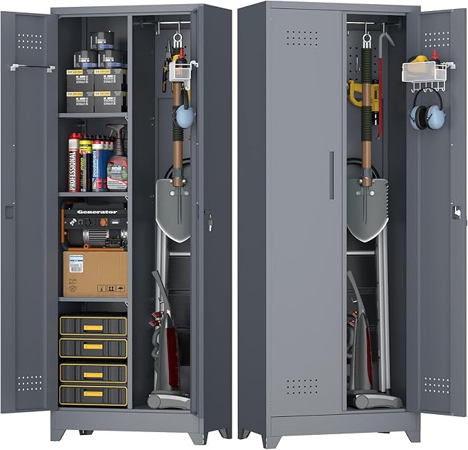 Broom Closet Storage Cabinet, Steel Locking Cabinet with Hanging Rod, 65" Cleaning Storage with Doors and Hooks, Tall Broom Tool Cabinets for Office, Garage