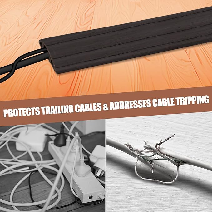 Floor Cord Cover Self Adhesive Cord Hider,10FT Cable Management, Extension Strip Protector for Wires, Prevent Cable Trips for Offices, Gyms, Exhibitions Cavity:0.3"(W) x 0.28"(H) Black Wood