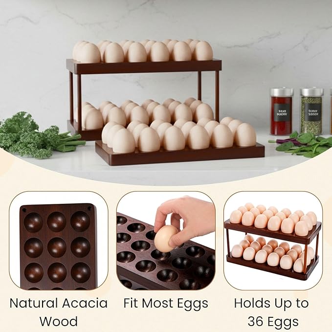 YOUEON Acacia Wooden Egg Holder with Double Layers, Detachable Wooden Egg Tray Holds 36 Fresh Eggs, Countertop Storage Rack for Gathering Fresh & Easter Eggs, Rustic Decor