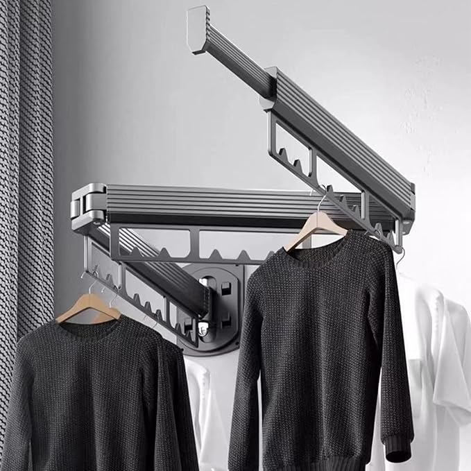 Wall Mounted Drying Rack, 220LB Capacity Tri-Fold Aluminum Clothes Airer, 180° Swivel Space Saving Laundry Rack for Indoor Outdoor Use in Bathroom, Balcony, Kitchen (Black)