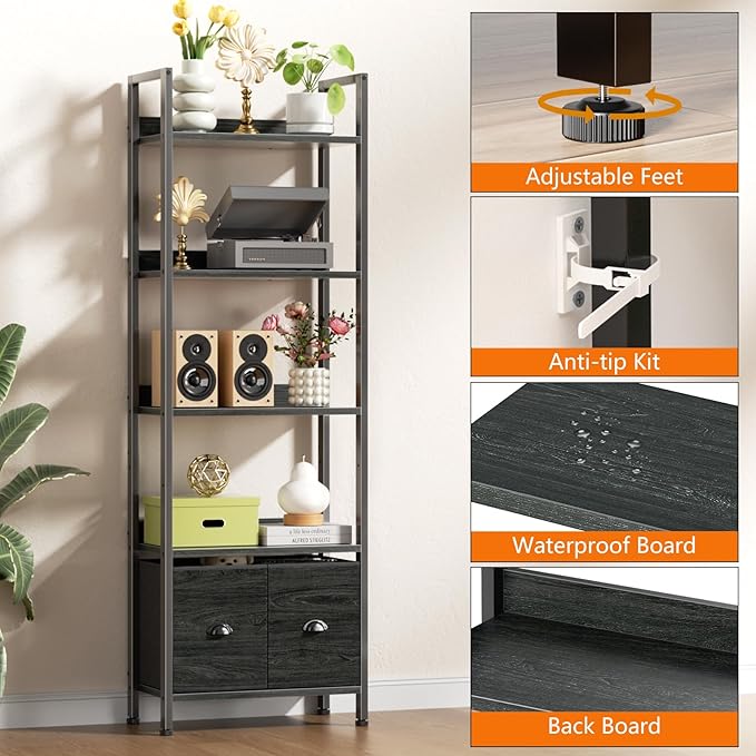 Furologee 5-Tier Bookshelf, Tall Bookcase with 2 Storage Drawers, Industrial Display Standing Shelf Units, Wood and Metal Storage Shelf for Living Room, Bedroom, Home Office, Black Oak