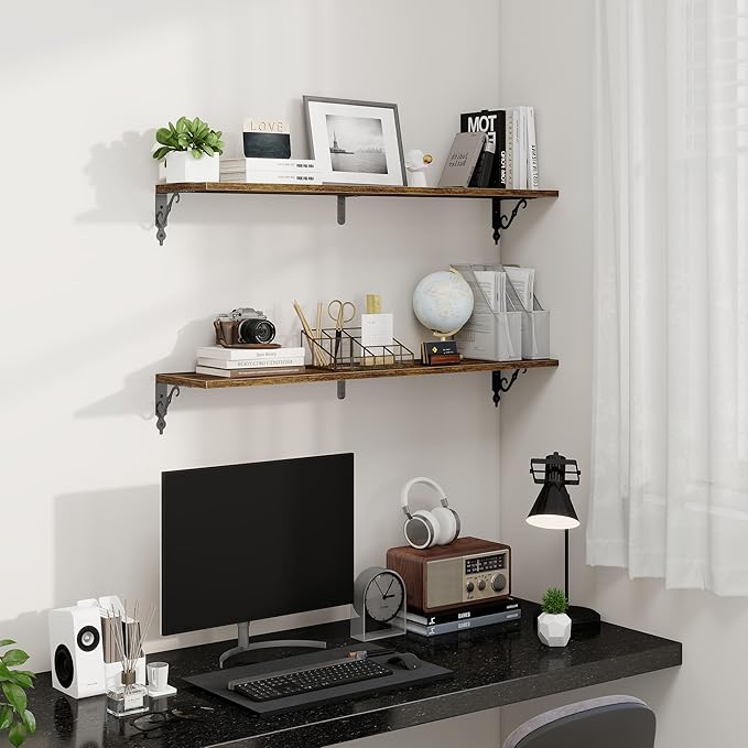 Fun Memories 40 Inch Floating Shelves Wall Mounted, 8 Inch Deep Wall Shelves with Bracket, Rustic Hanging Bookshelf, 40" Bookshelves for for Living Room, Kitchen and Bedroom, Rustic Brown, Set of 2