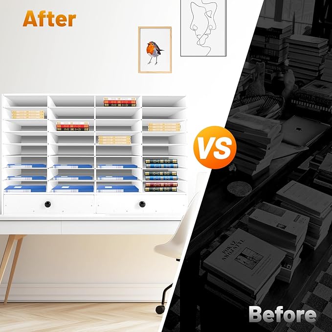 Adjustable Literature Organizer, 32 Compartments Mail Sorter Organizer with 2 Drawers, PVC Desktop File Sorter, Classroom Mailbox Office Mailbox Cubbies for Office, Home, Study Room White