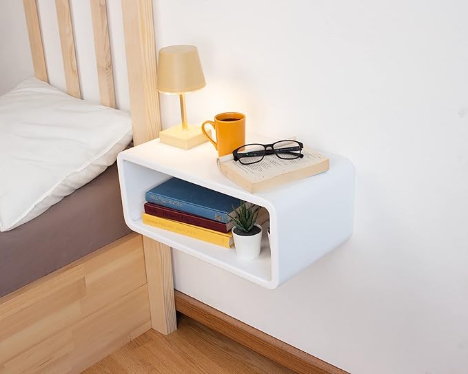 Floating Nightstand Wooden, Bedside Table, Nightstand Shelf, Handmade, Wall Mounted Bedside Shelf, Minimalist and Unique Style (White)