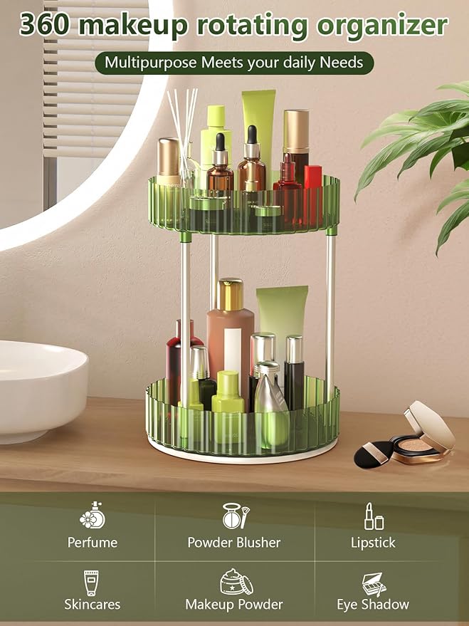 Makeup Organizer,360° Rotating Makeup Organizer,2-Tier Round Rotating Skincare Organizer Countertop,Fits Bedroom, Bathroom, Vanity Shelf Countertop(Green)