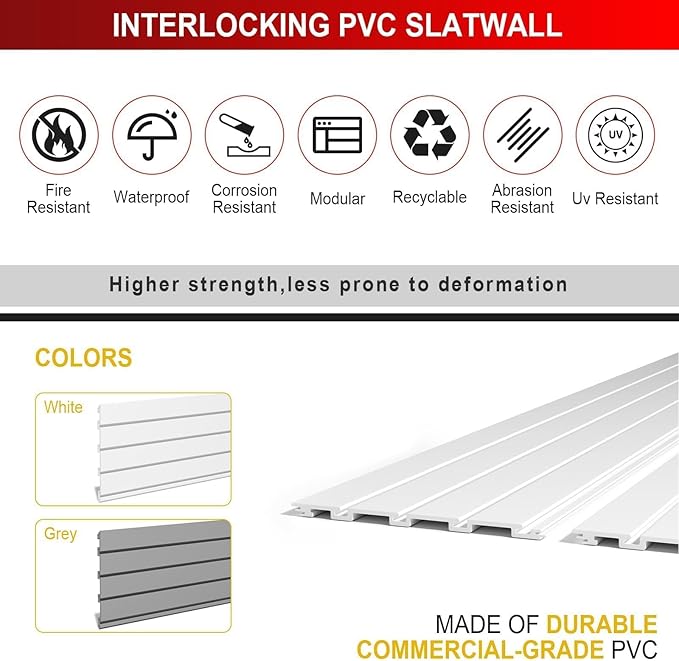 Garage Slatwall Panel Wall Organizer - Slat Wall Paneling Sheets with Hooks, Interlocking PVC Panels for Tool Organization Mounted Storage Systems