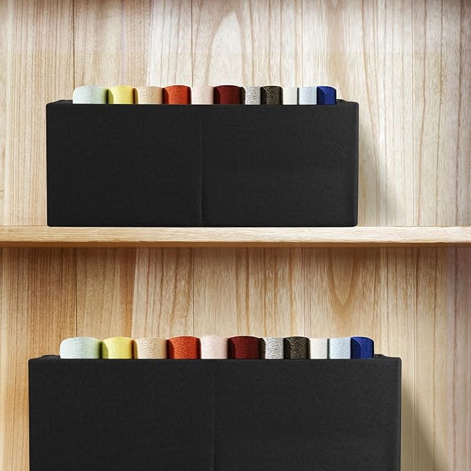 Fabric Storage Bin 3 Pack Foldable Cotton Linen Storage Basket with Wooden Handles Rectangular Cube Box – Black, Medium
