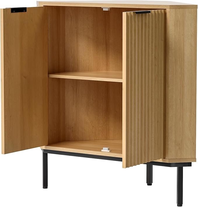 Fluted Corner Cabinet, Modern Small Corner Floor Cabinet with 2 Doors and 2-Tier Shelves, Freestanding Narrow Organizer for Living Room Kitchen Bathroom, Natural Oak