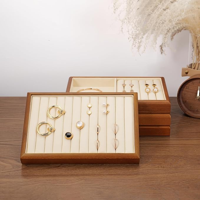 Oirlv Solid Wood Multifunctional Ring Earrings Studs Bangle Jewelry Organizer Tray Jewelry Drawer Organizer(Creamy-white)