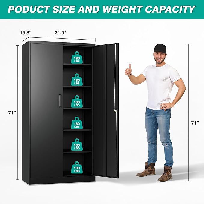 Metal Storage Cabinet with 2 Doors and 6 Shelves,Black Metal Cabinet with Lock,71" Lockable Garage Storage Cabinets,Locking File Cabinet,Steel Tool Cabinets for Home,Office,Garage,Shop,School