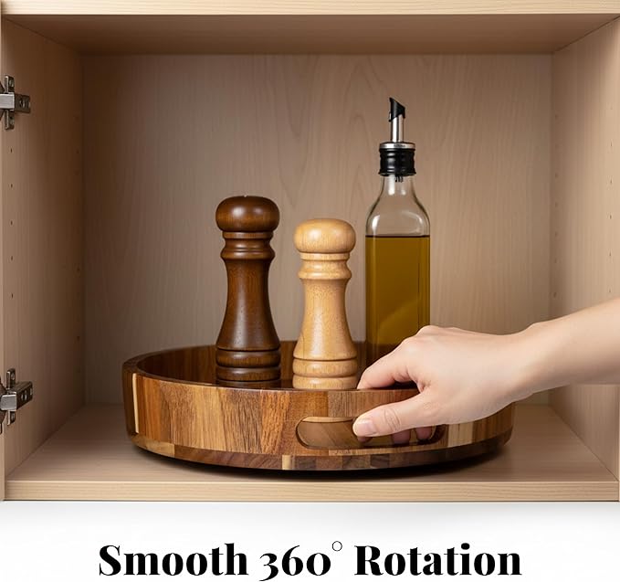 Acacia Wood Lazy Susan - 12 Inch Wooden Turntable Organizer for Kitchen Counter, Dining Table, Countertop - Rotating Serving Tray with Raised Edges - Natural Wood Finish