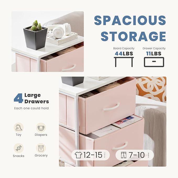 DUMOS Nightstand with 4 Drawers Bedside Table with Removable Fabric Bins Sturdy Steel Frame Wood Top Organizer Furniture for Bedroom Closet Living Room,Pink