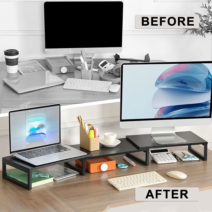 TEAMIX Desk Organizer Dual Monitor Stand Riser, Adjustable Computer Stand 45.5'' Long Desktop Shelf Office Organizer for Laptop,Printer,File,Keyboard Storage Ergonomic Design (Black)
