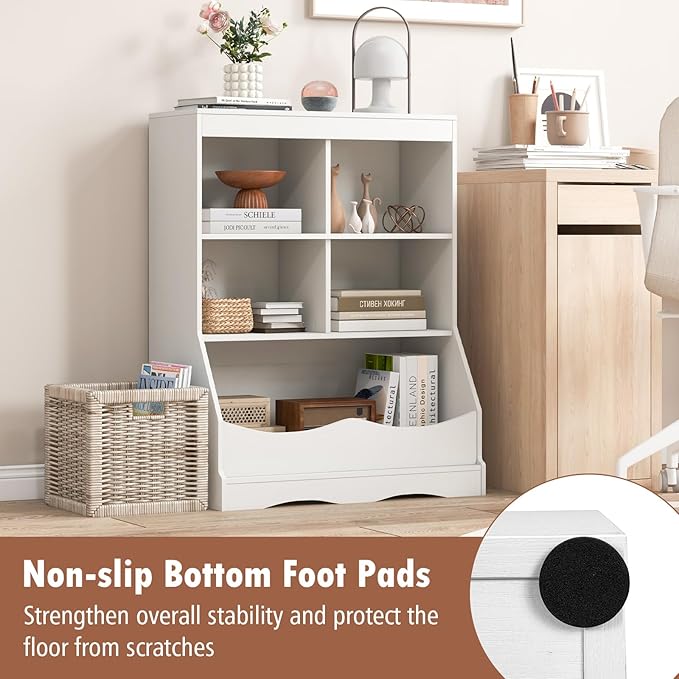 Storage Organizer, Small Bookcase w/ 4 Open Cubes & 1 Bottom Compartment, Anti-Tipping Device, Foot Pads, Low Cube Bookshelf for Bedroom, Living Room, Playroom, Study, Small Spaces (White)