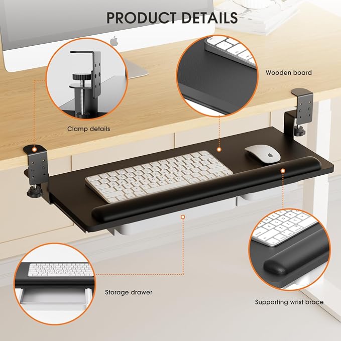 Keyboard Tray Under Desk with a Soft Wrist Rest，Under Desk Keyboard Tray Slide Out with 2 Storage Drawers，C Clamp-on Mount Ergonomic Keyboard Tray for Home and Office，26.5"x11.6"
