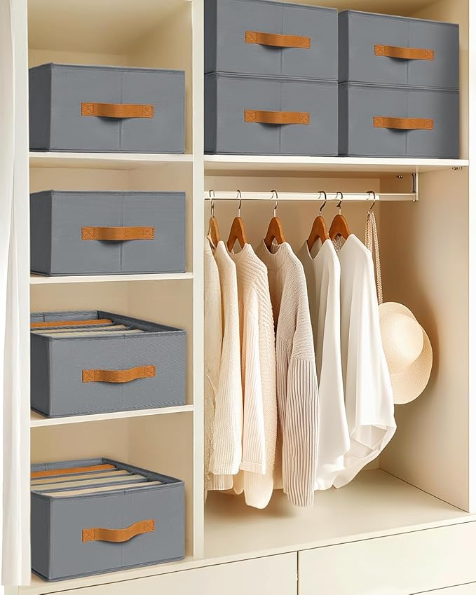 Clothes Organizers and Storage - 4/5/7 Grids Fabric Jeans Organizer with Handles, Foldable Closet Organizers Dividers, Wardrobe organizer for Pant, Sweater, T-shirt, Scarf, 3 Pack, Pale Grey