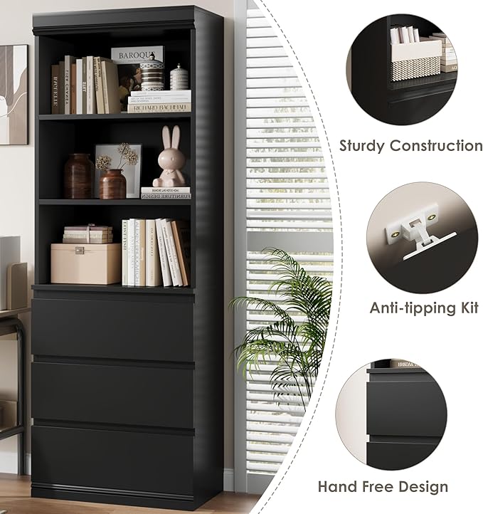 GarveeHome 70" Tall Bookcase with Drawers, Bookshelf w/ 3 Tier Open Shelves & 3 Storage Drawers, Modern Deep Storage Book Shelf Storage Cabinet Organizer for Living Room Office Library (Black-Q)