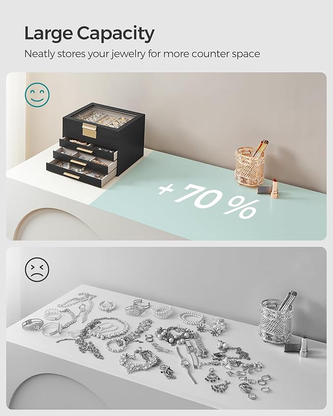 SONGMICS Jewelry Box Organizer with Glass Lid, 4-Layer Jewelry Storage, with 3 Drawers, Modern Style, Christmas Gift, 8 x 9.1 x 6.5 Inches, Graphite Black and Gold Color UJBC173B01
