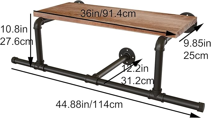 36In Industrial Pipe Clothing Rack with Top Shelf, Space-Saving Wall Mounted Clothes Rack, Shelf with Hanging Rod for Closet Storage, Laundry Room. (1T, Brown)…