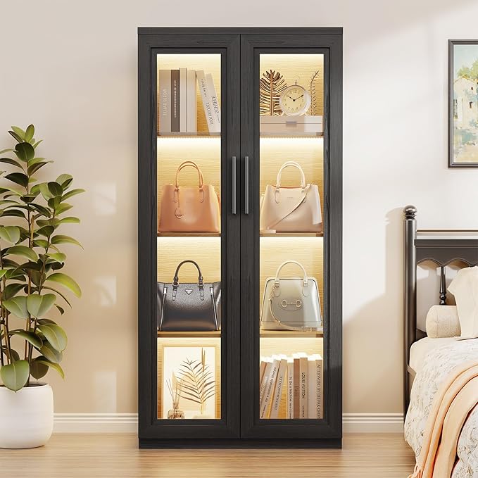 Curio Cabinet with Glass Doors, Bookcase with 4 Shelves, Display Cabinets for Collectibles, China Cabinet with 3 Color LED Lights and Human Body Sensing, Buffer Hinge, Black