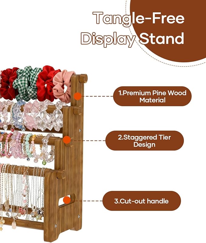 NEEKFOX Wooden Bracelet Holder, 4 Tier Jewelry Bracelet Display Stand, Bracelet Organizer Storage for Bracelets Bangles Scrunchies, Jewelry Organizer Display for Home, Vendors, Craft Shows and Store