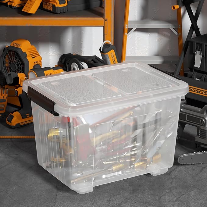 Obstnny 50 L Clear Plastic Storage Bins with Wheels, Large Lidded Organizer Boxes, 4 Pack
