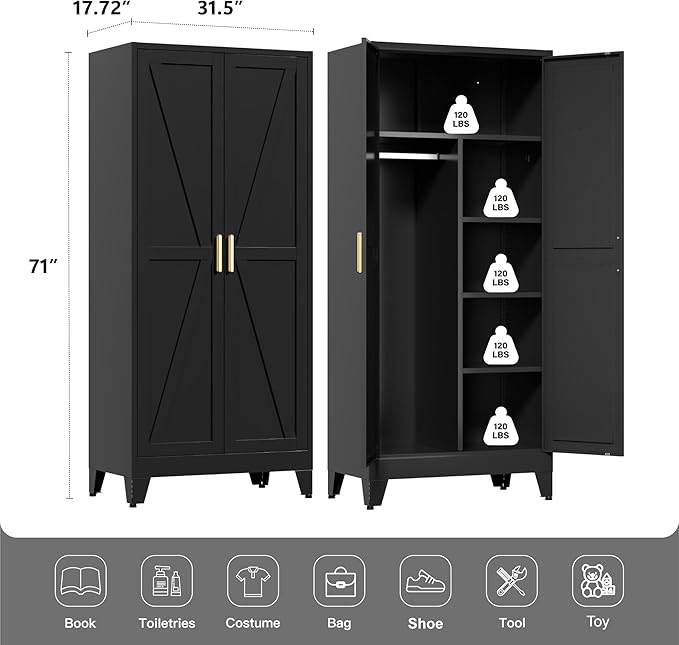 71" Tall Metal Wardrobe Closet with Adjustable Shelves and Hanging Rod, 2 Doors Office Storage Locker Cabinet for Home, Office, Bedroom, Laundry Room, Black