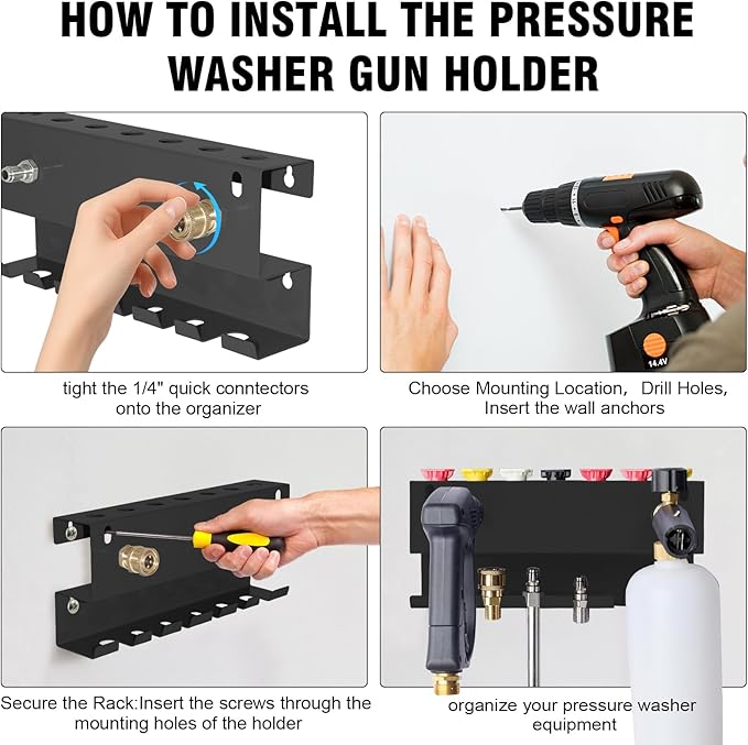 Wall Mounted Pressure Washer Gun & Foam Cannon Holder, Car Wash Accessories Storage Rack for Wand Extension and Nozzle Tips, Fits 1/4" Quick Connect, Black