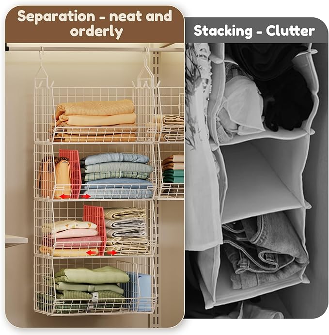4 Tier Extra Large Hanging Closet Organizer,Closet Organizer Hanging with 5 S Hooks 4 Dividers,Clothes Organizer Clothing Sweaters Clutches Handbags Hats Accessories-White