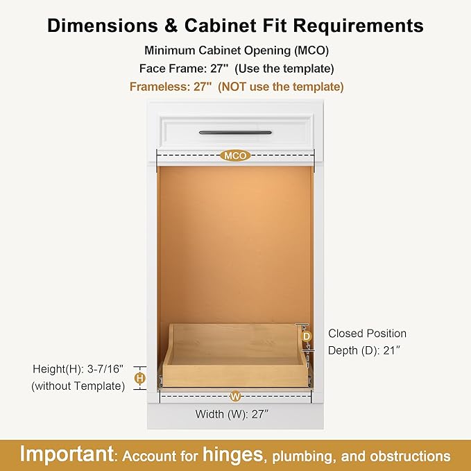 ALINE FURNITURE Birch Pull Out Drawers for Cabinets, 27" W x 21" D x 6" H Soft-Close Slide Out Drawer for Kitchen Cabinets, Pull Out Shelves, Pantry Cabinet Organizer, with Pre-Drilled Wood Template