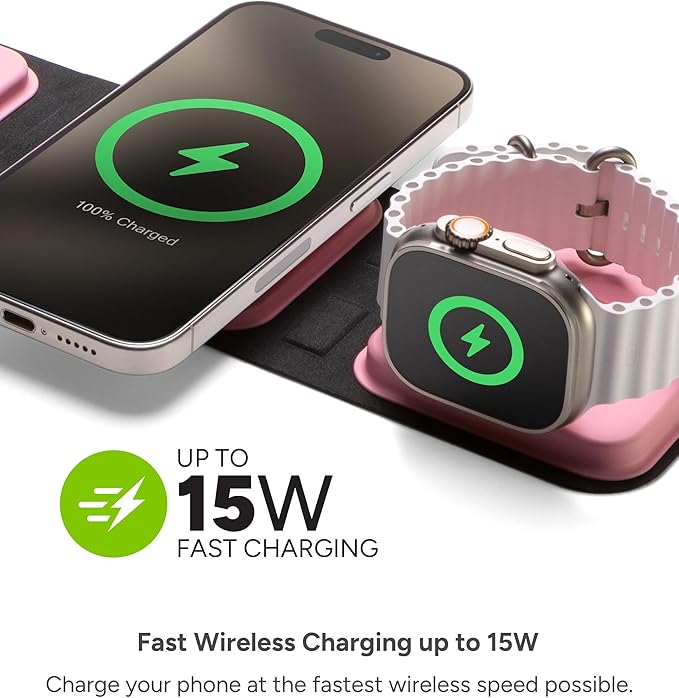 Mophie 3-in-1 Travel Charger with MagSafe - Portable Wireless Charging Hub, Compatible w/iPhone 17/16/15/14/13/12 Series, Apple Watch Series 11 to 1 & Ultra, AirPods Pro/3rd Gen, Cherry Blossom Pink