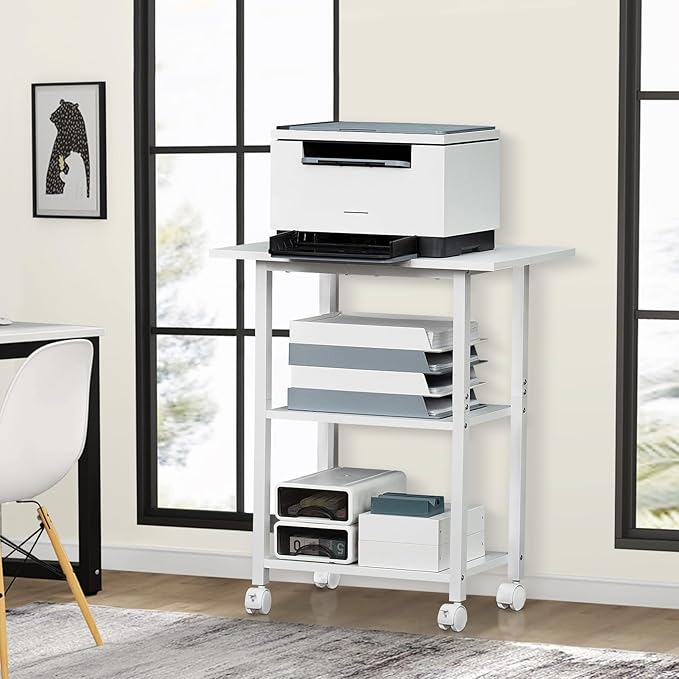Lerliuo 3-Tier Printer Stand, Industrial Mobile Printer Table with Storage Shelf and Steel Frame, Rolling Printer Cart Holder with Lockable Wheels for Home, Office (Brown)