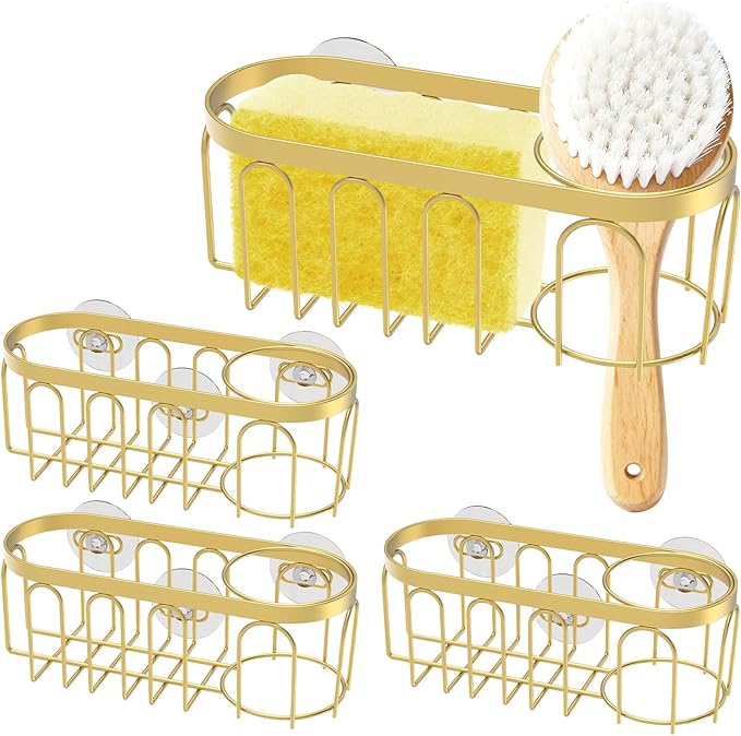 4 Pcs Sponge Holder Stainless Steel Kitchen Sink Caddy with Strong Suction Cups No Drill Practical Dish Sponge Holder for Home Kitchen Sink Bathroom