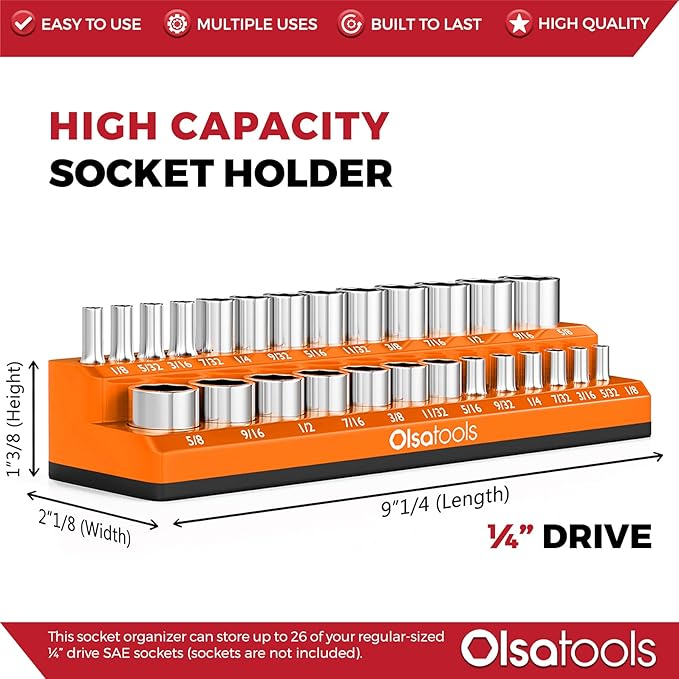 Olsa Tools Magnetic Socket Organizer | 1/4-inch Drive | SAE Orange | Holds 26 Sockets | Professional Quality Tools Organizer