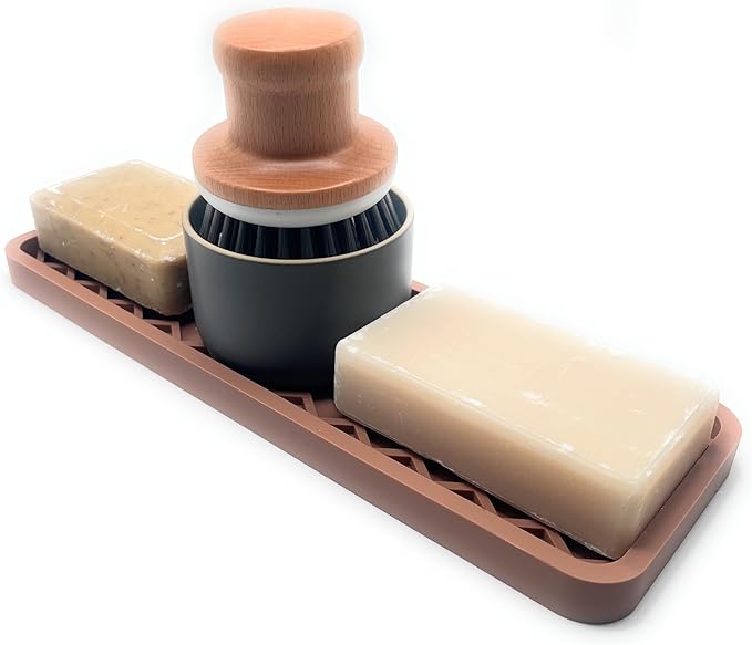 Happitasa Silicone Kitchen Sink Organizer Tray, Sponge Holder and Countertop Protector | Bathroom and Kitchen Soap Dish and Dispenser Tray (Mocha, 12" x 4", 9.2 Ounces, Zigzag)