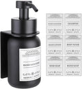 Black Glass Soap Dispenser Wall Mount for Bathroom with Pump and Drill-Free Holders - 8.5 Oz Hand Soap Dispenser, Shower Dispenser with Waterproof Labels