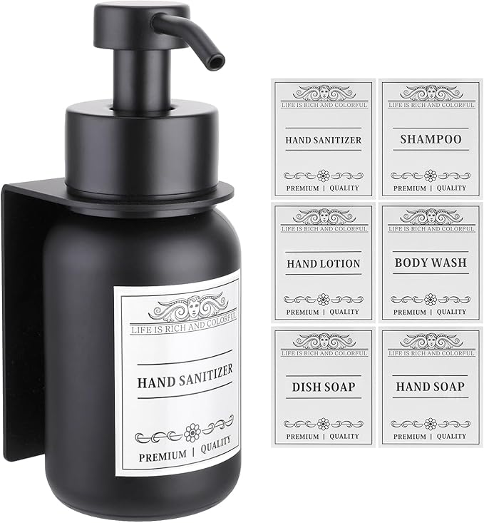 Black Glass Soap Dispenser Wall Mount for Bathroom with Pump and Drill-Free Holders - 8.5 Oz Hand Soap Dispenser, Shower Dispenser with Waterproof Labels
