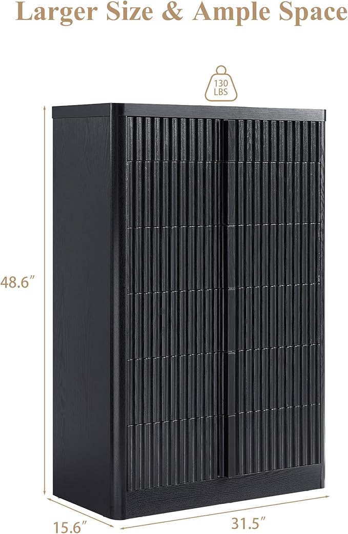 Black Fluted Dresser for Bedroom, Chest of Drawers, 48" Tall 6 Drawer Dresser, Curved Profile Design, Modern Wooden Chest of Drawers with Solid Wood Handle for Living Room, Bedroom