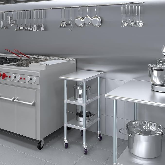 AmGood Stainless Steel Work Table with 2 Shelves and Casters | Metal Utility Table On Wheels (Stainless Steel Work Table with 2 Shelves + Casters, 15" Long x 24" Deep)