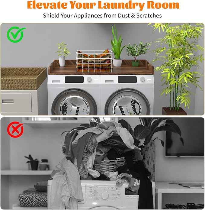 Washer Dryer Countertop, Laundry Room Wood Countertop with Edge, 54" x 27.5" Top Cover for Laundry Machine, Washer and Dryer Wood Shelf Topper for Laundry Room Counter Storage Organization, Walnut