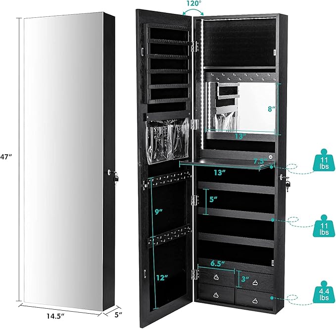 CHARMAID LED Strip Jewelry Armoire with 47.2" H Full Length Mirror, Wall/Door Mounted Jewelry Organizer with Built-in Mirror, Flip-over Cosmetic Tray, 4 Drawers, Large Storage Jewelry Cabinet (Black)
