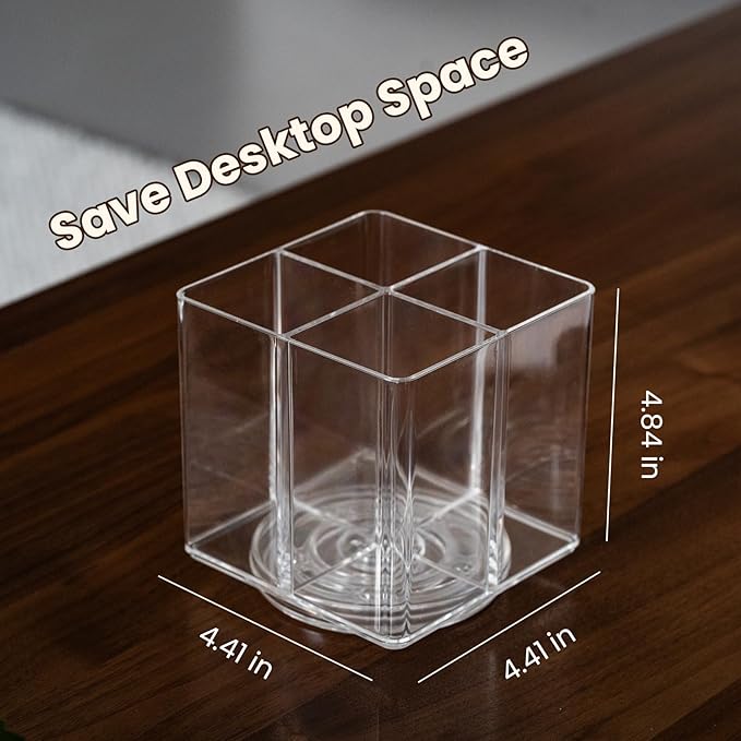 Clear Makeup Brush Holder,Acrylic Rotating 360°Makeup Brush Organizer,Pen holder with 4 Grids,Makeup Holder for Courtup,Containers for Desk,1pc