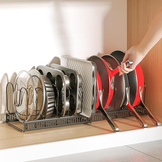 ORDORA Pots and Pans Organizer under Cabinet with Pan Holder: Expandable 11.8"-22.8" Kitchen Cabinet Organizer Rack, 12 Adjustable Dividers Storage for Cookie Sheets, Cutting Boards & Lid Cookware